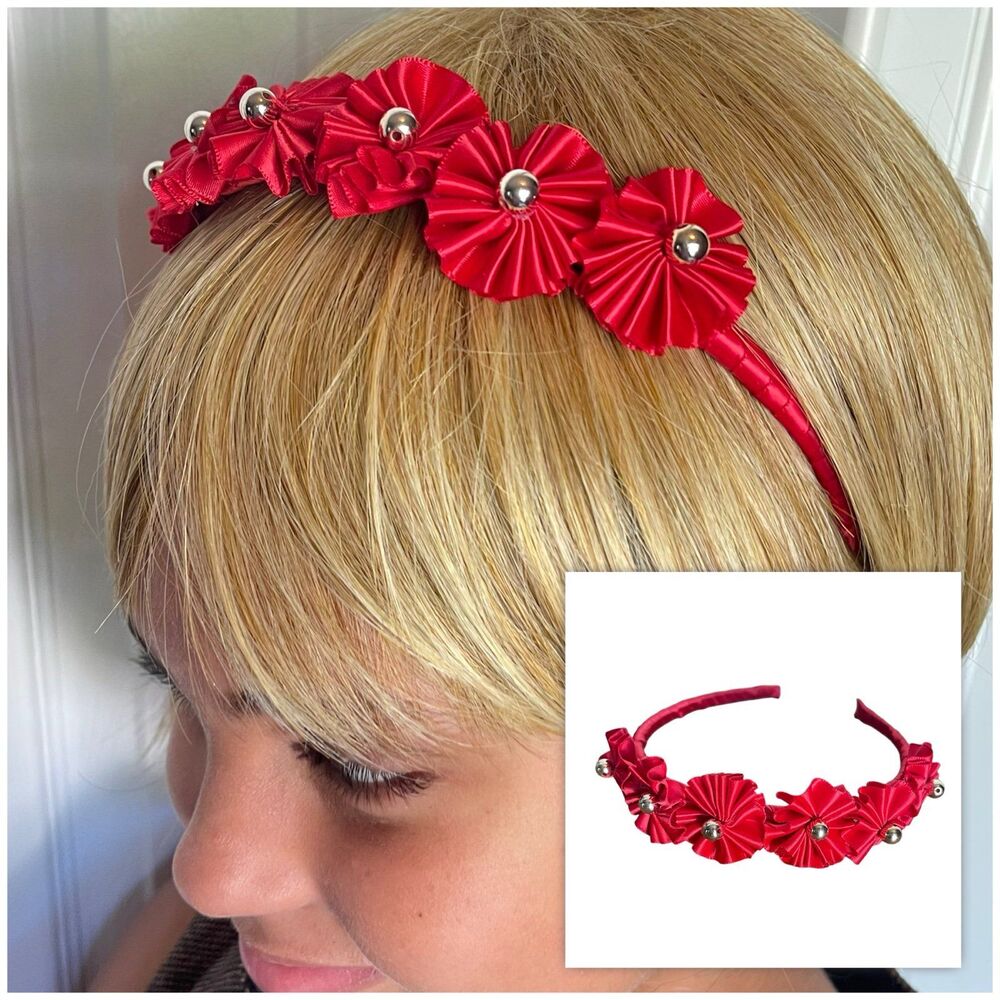 New Headband Red with decorative flowers for girls